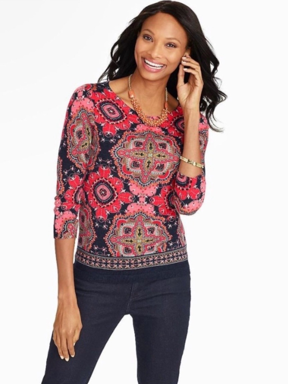 Talbots Merino Wool Medallion Print Sweater Pink Navy Boho Paisley Top L